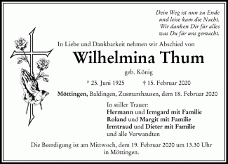 Todesanzeige Wilhelmina Thum