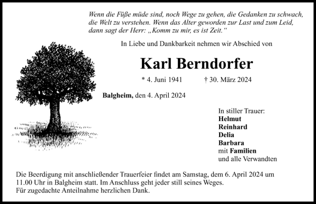 Todesanzeige Karl Berndorfer